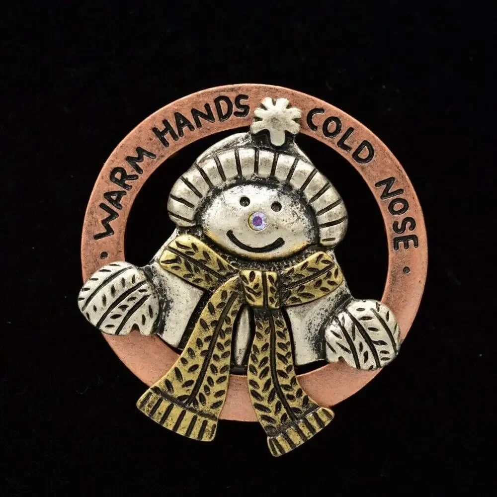 Vintage Christmas Pin Brooch Holiday Snowman Warm Hands Cold Nose BinJ
